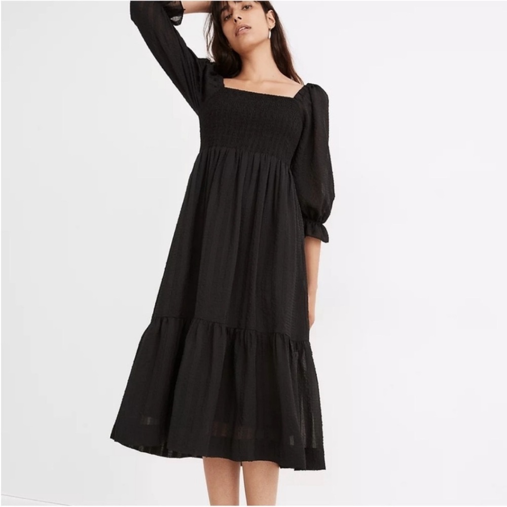 Madewell Lucie Elbow-Sleeve Smocked Textured Black Midi Dress NWT Size Small